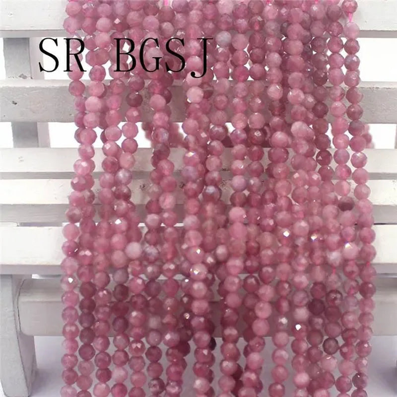 3mm Faceted Natural Round Pink Tourmaline Natural Gemstone Jewelry DIY Bail Spacer  Beads Strand 15"