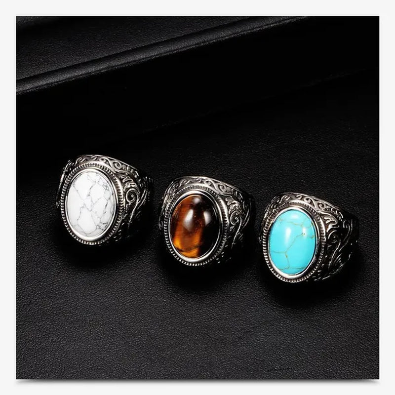 Vintage Men's Gemstone Ring Stainless Steel Single Turquoise Agate Tiger Eye Stone Rings Jewelry Gift for Men Women Boyfriend Girlfriend