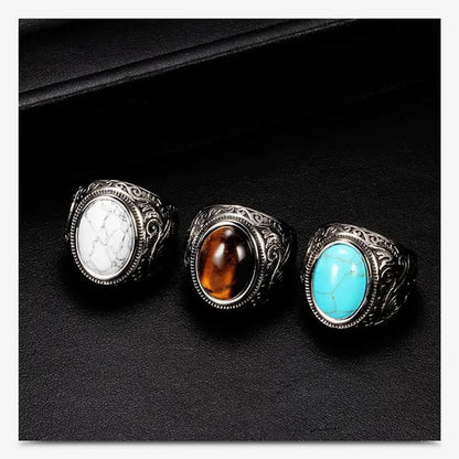 Vintage Men's Gemstone Ring Stainless Steel Single Turquoise Agate Tiger Eye Stone Rings Jewelry Gift for Men Women Boyfriend Girlfriend