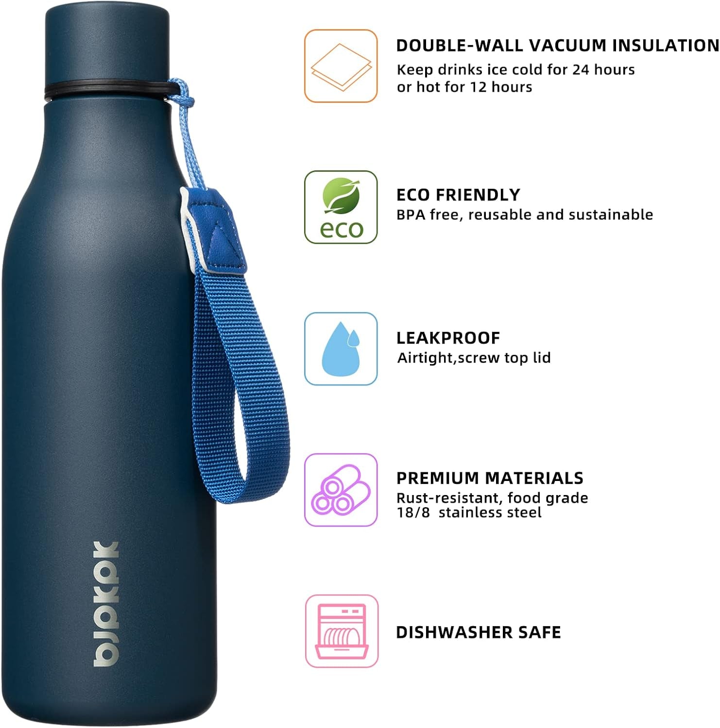 Insulated Water Bottles, 18 Oz Stainless Steel Metal Water Bottle with Strap, BPA Free Leak Proof Thermos, Mugs, Flasks, Reusable Water Bottle for Sports & Travel, Navy Blue - WORLD TIME VISITS