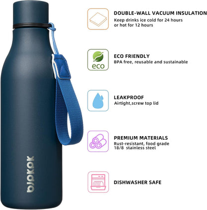 Insulated Water Bottles, 18 Oz Stainless Steel Metal Water Bottle with Strap, BPA Free Leak Proof Thermos, Mugs, Flasks, Reusable Water Bottle for Sports & Travel, Navy Blue - WORLD TIME VISITS
