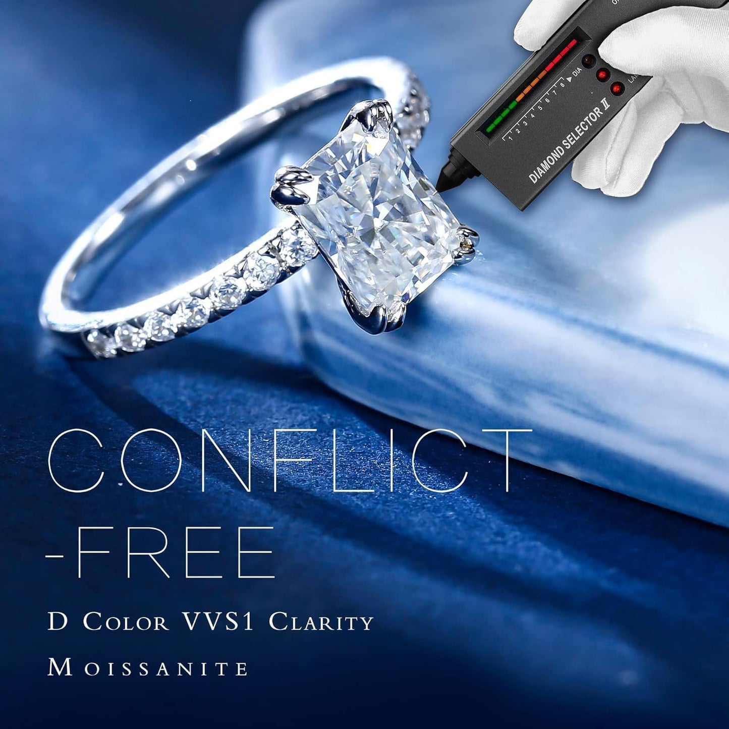 2Ct Radiant Cut Moissanite Rings for Women - D Color VVS1 Clarity Lab Created Moissanite Wedding Rings for Women 14K White Gold Plated Moissanite Engagement Ring Valentines Day Gifts for Her