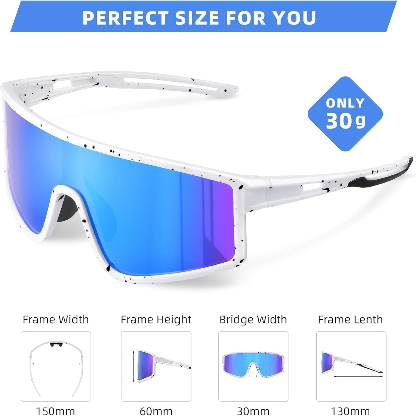 Sports Polarized Sunglasses: TR90 Outdoor Cycling Glasses for Men Women UV400 Protection Whiteblue, Large