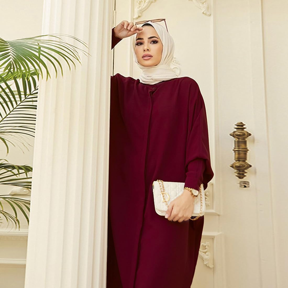Muslim Dresses for Women Abaya Button down Henley Shirt Prayer Dress Batwing Long Sleeve Middle East Arabian Robe