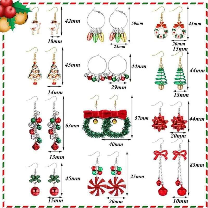 4 Pairs Christmas Earrings for Women Girls Christmas Bell Light Bulbs Hoop Earrings Christmas Tree JingleBall Snowflake Bow Flower Elk Dangle Earrings Christmas Party Jewelry Set Gift