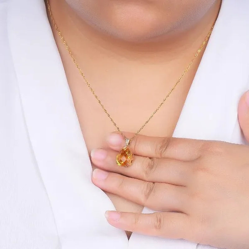 Big Citrine Gemstones Yellow Crystal Pendant Necklace for Women Diamonds Gold Color Choker Birthday Gift Luxury Jewelry
