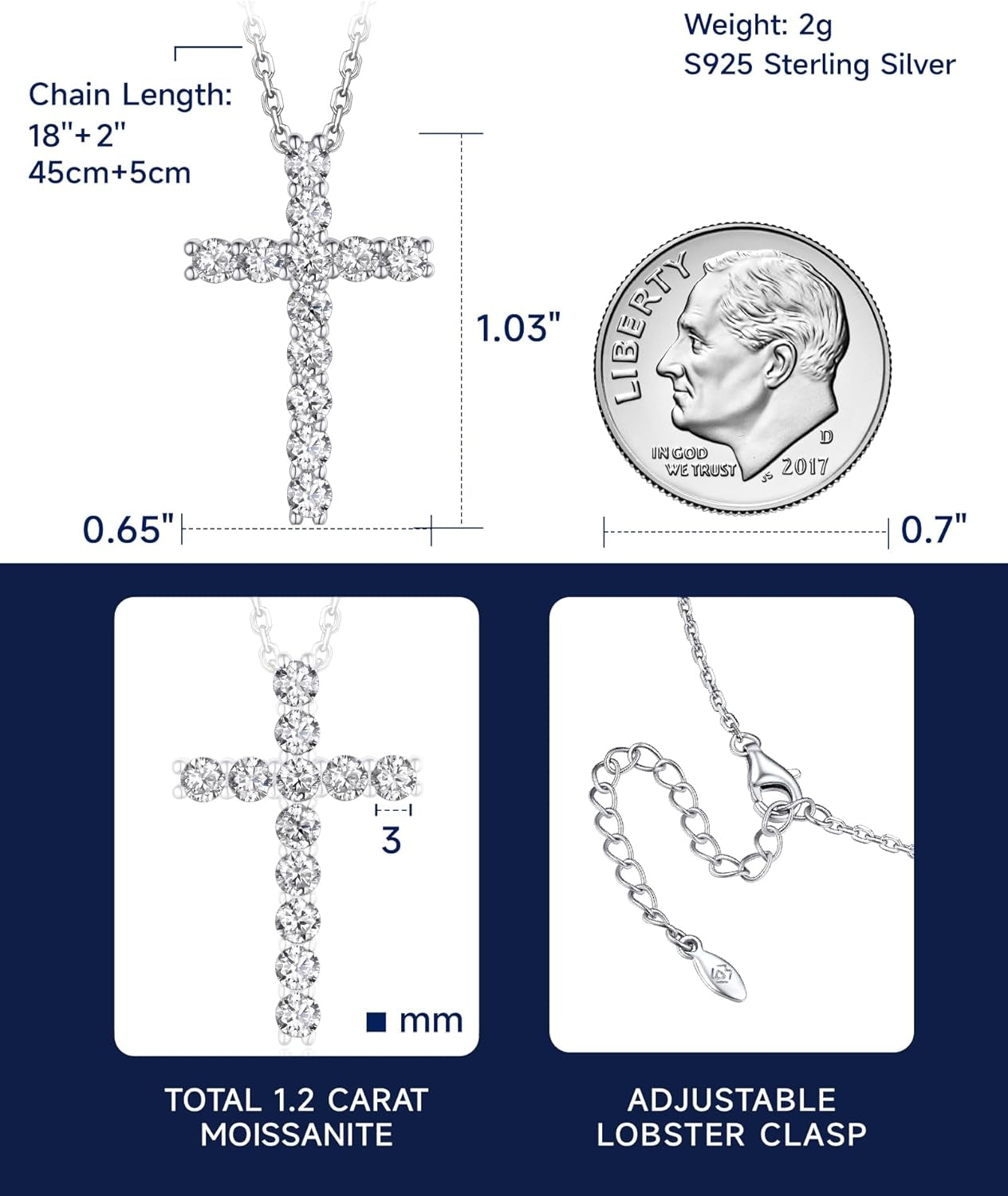 Cross Necklace, Christian Gifts for Her, Moissanite Cross Pendant for Men, 925 Sterling Silver Crucifix Pendant, Religious Gifts for Women and Men