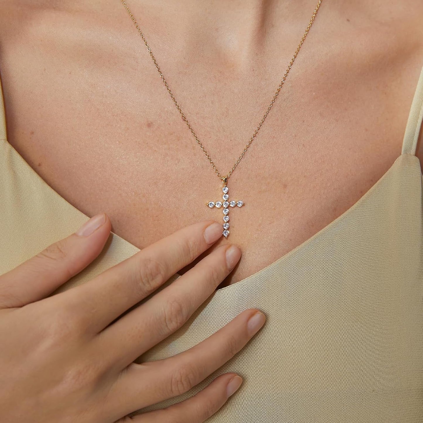 Gold Plated Cross Pendant Necklace, Cross Necklace with Cubic Zirconia, Tarnish-Resistant Cross Pendant Necklace 17 Inches Chain for Women & Men
