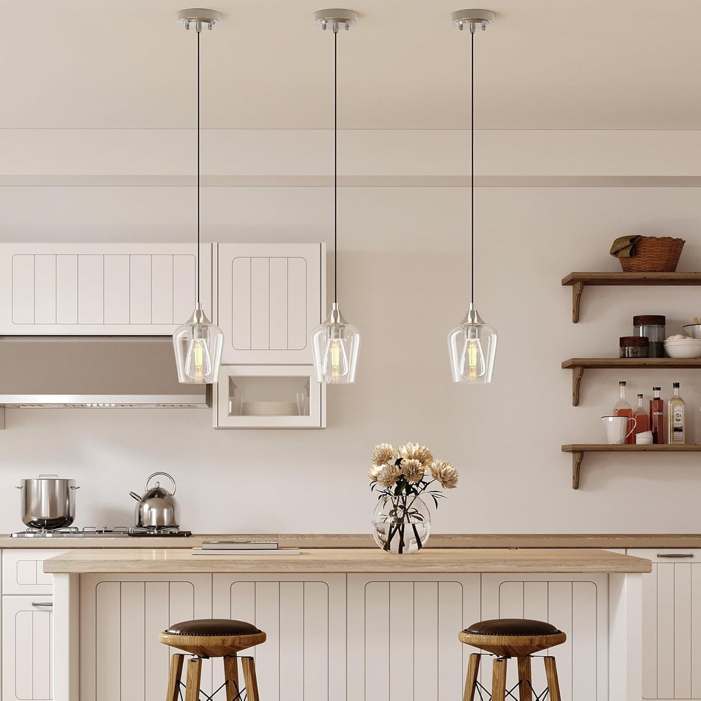 Pendant Light Kitchen Island, Brushed Nickel Pendant Light Fixture with E26 Base & Adjustable Cable, Modern Pendant Lighting with Glass Shade for Living Room Bedroom Hallway