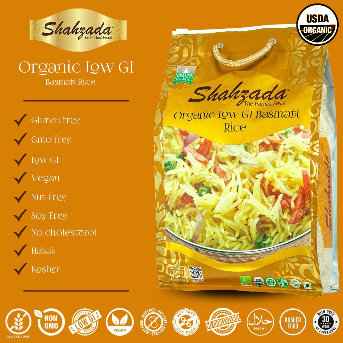 Diabetic Friendly, Specially Processed Basmati Rice 10 Lbs | Low G.I. Index Value, 100% USDA ORGANIC Certified Rice, Extra Long Grain, Vegan NON - GMO, Vegan, Gluten, Soy, Egg Free, Resealable Zip - Lock Bag to Seal Freshness - Tradition of Quality |10 Pound Pa - WORLD TIME VISITS