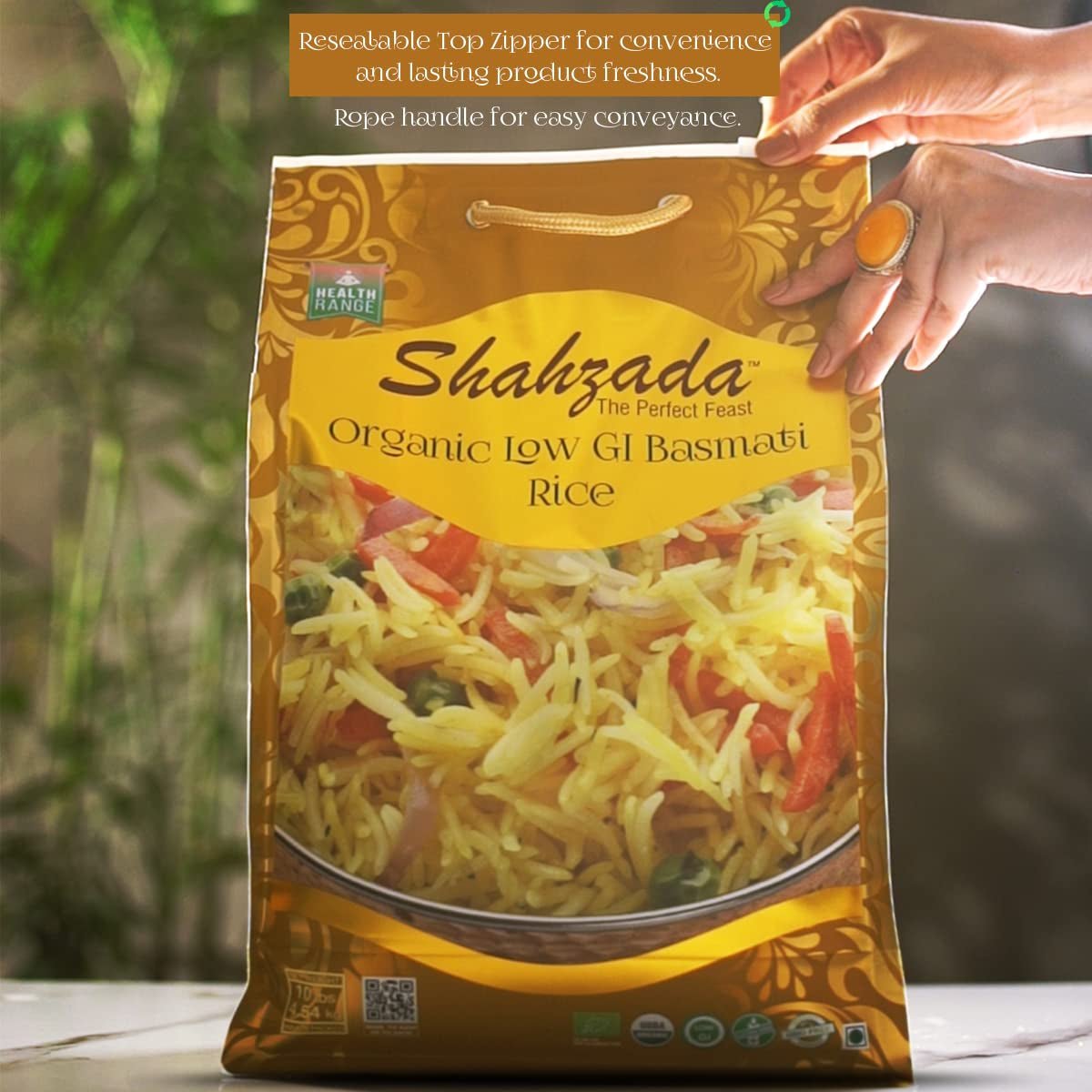 Diabetic Friendly, Specially Processed Basmati Rice 10 Lbs | Low G.I. Index Value, 100% USDA ORGANIC Certified Rice, Extra Long Grain, Vegan NON-GMO, Vegan, Gluten, Soy, Egg Free, Resealable Zip-Lock Bag to Seal Freshness-Tradition of Quality |10 Pound Pa
