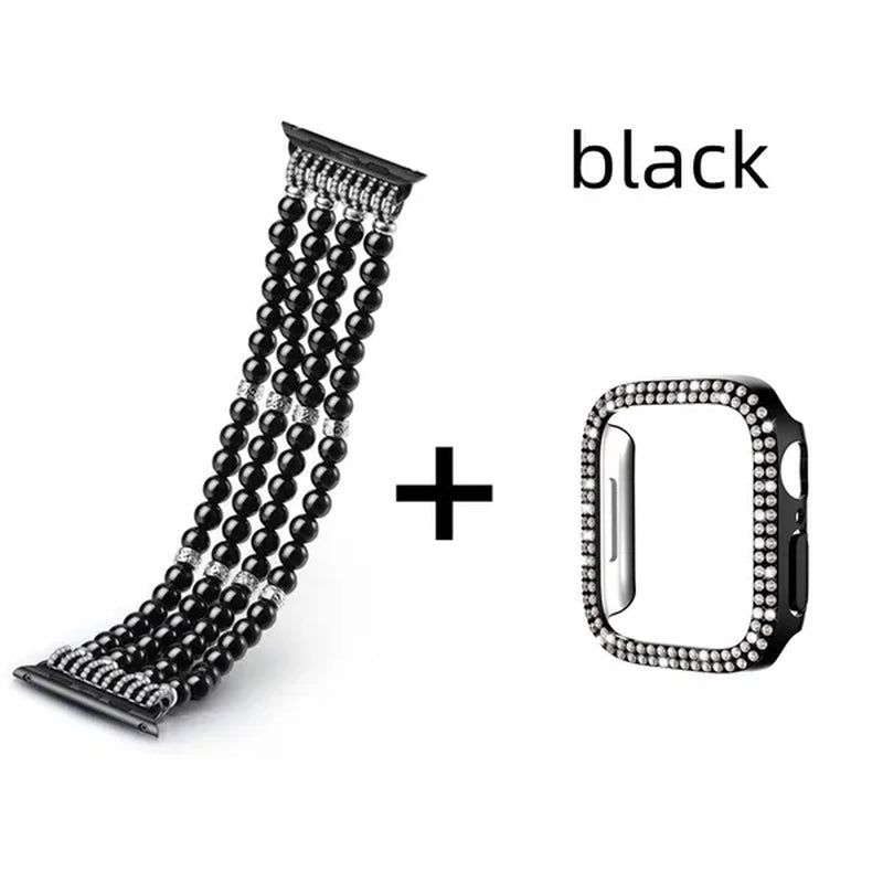 Diamond Case + Pearl Strap for apple watch strap 40mm 44mm 41mm 45mm 38mm 42mm 40mm iWatch series 3 4 5 6 se 7 strap