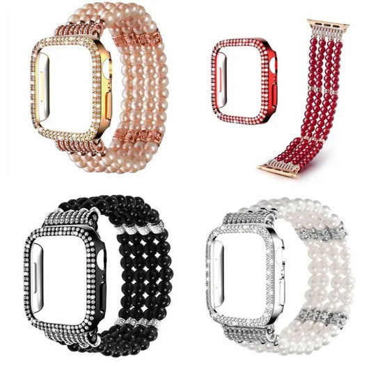 Diamond Case + Pearl Strap for apple watch strap 40mm 44mm 41mm 45mm 38mm 42mm 40mm iWatch series 3 4 5 6 se 7 strap - WORLD TIME VISITS