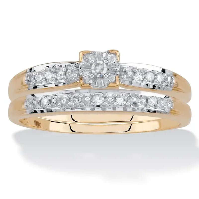 Diamond Engagement Wedding Ring 2 - Piece Set 1/8 TCW in Solid 10k Yellow Gold - WORLD TIME VISITS
