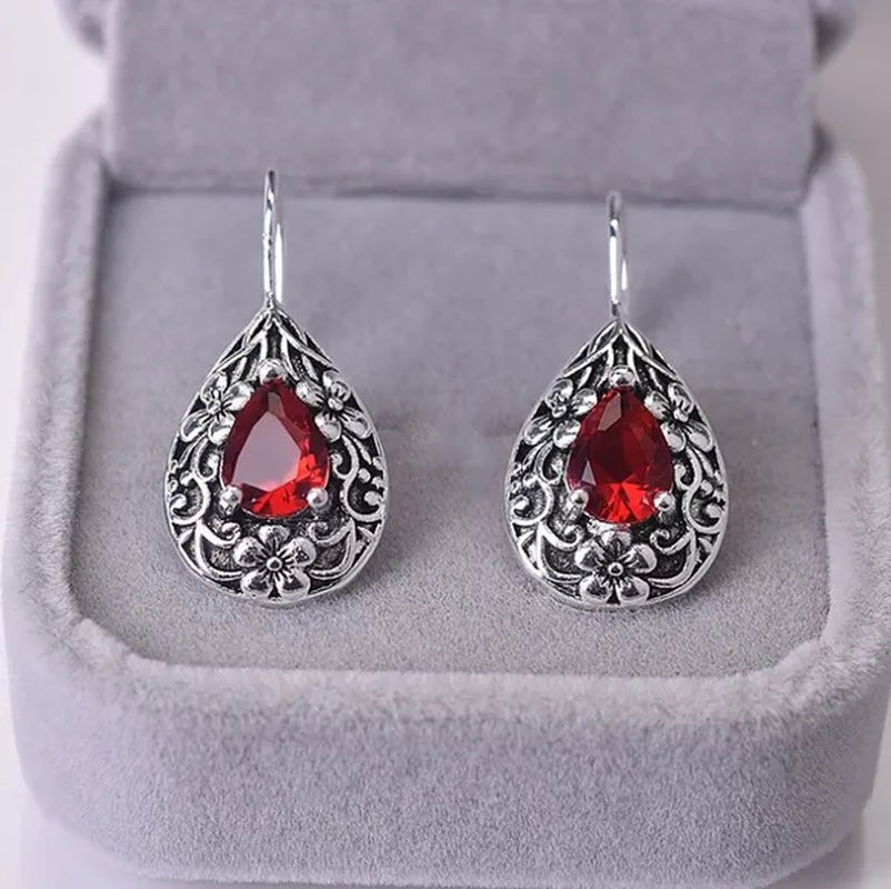 Diamond for Women Waterdrop Pear Carved Red Topaz Gemstone Garnet Earrings Jewelry - WORLD TIME VISITS