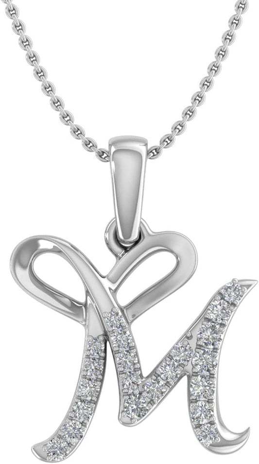 Diamond Initial Letter Pendant Necklace in 14K White Gold (With Silver Chain) (I1 - I2 Clarity) - WORLD TIME VISITS