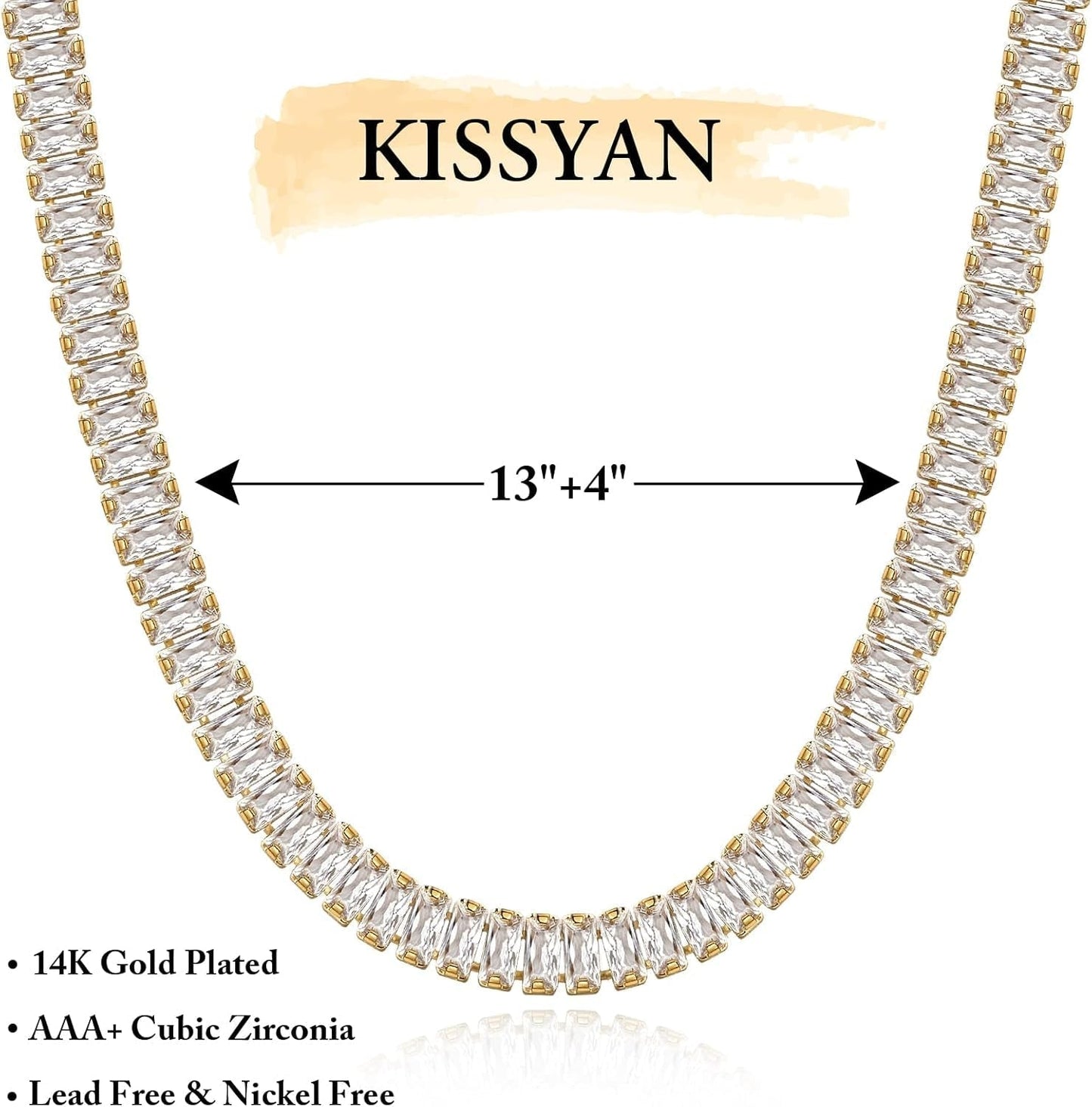 Diamond Tennis Necklace for Women, 14K/White Gold Plated Cubic Zirconia Baguette Tennis Chain Chunky Paperclip Link Cuban Choker Necklace Dainty Jewelry Gifts