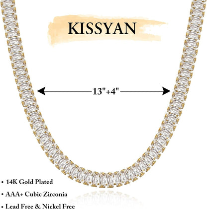 Diamond Tennis Necklace for Women, 14K/White Gold Plated Cubic Zirconia Baguette Tennis Chain Chunky Paperclip Link Cuban Choker Necklace Dainty Jewelry Gifts