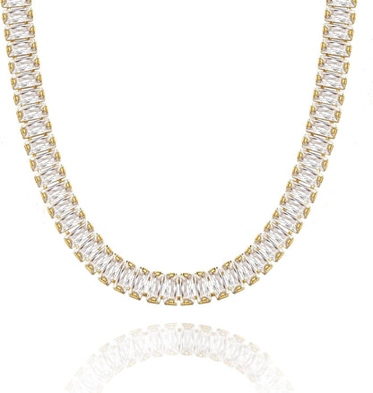 Diamond Tennis Necklace for Women, 14K/White Gold Plated Cubic Zirconia Baguette Tennis Chain Chunky Paperclip Link Cuban Choker Necklace Dainty Jewelry Gifts - WORLD TIME VISITS