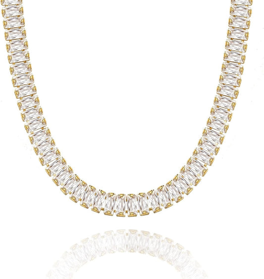 Diamond Tennis Necklace for Women, 14K/White Gold Plated Cubic Zirconia Baguette Tennis Chain Chunky Paperclip Link Cuban Choker Necklace Dainty Jewelry Gifts - WORLD TIME VISITS
