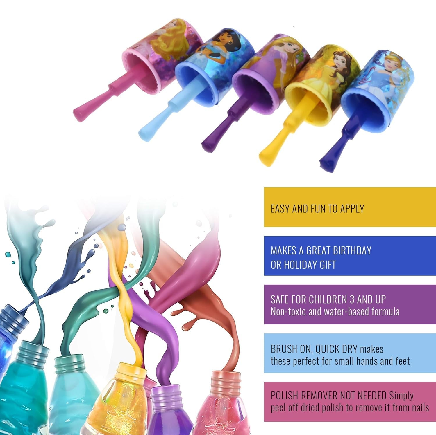 Disney Princesses Super Sparkly Peel - Off Nail Polish Deluxe Present Set for Girls, 18 Colors - WORLD TIME VISITS