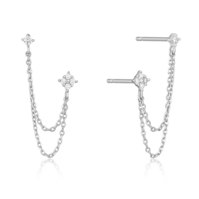 Double Ear Piercing Diamond Stud Earrings Chain Earrings for Women Wedding Party Fashion Temperament Jewelry Gift - WORLD TIME VISITS