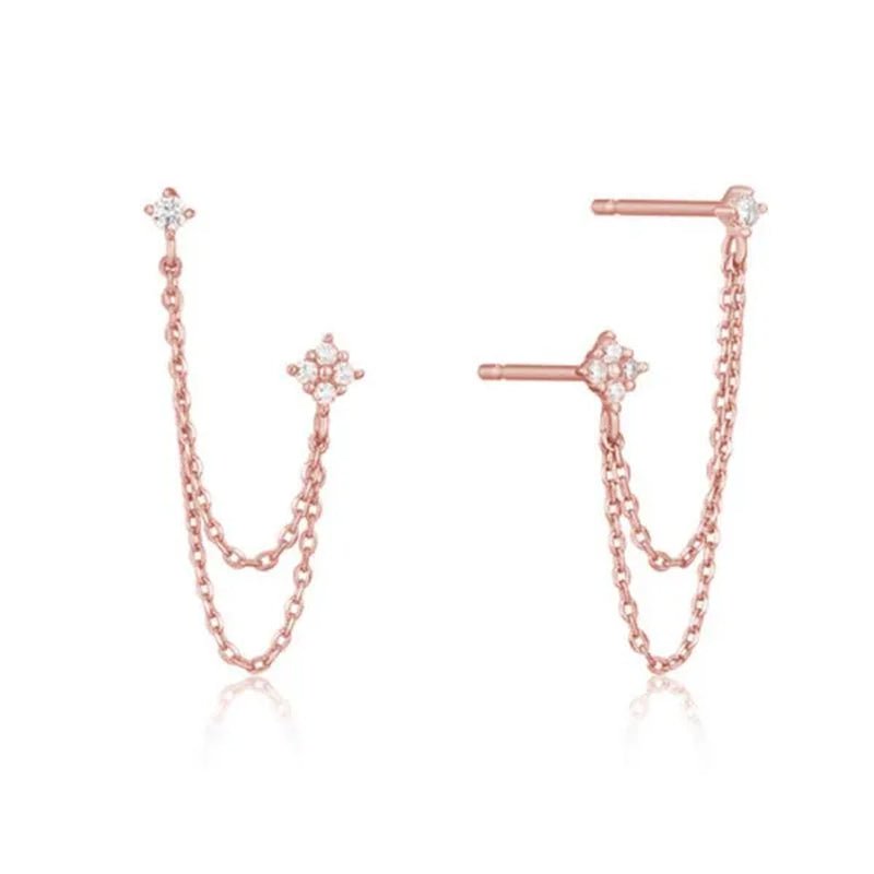 Double Ear Piercing Diamond Stud Earrings Chain Earrings for Women Wedding Party Fashion Temperament Jewelry Gift