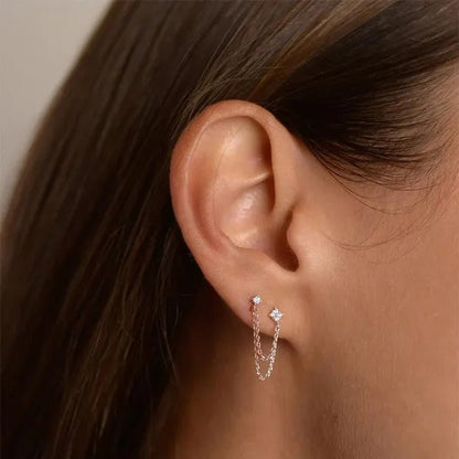 Double Ear Piercing Diamond Stud Earrings Chain Earrings for Women Wedding Party Fashion Temperament Jewelry Gift