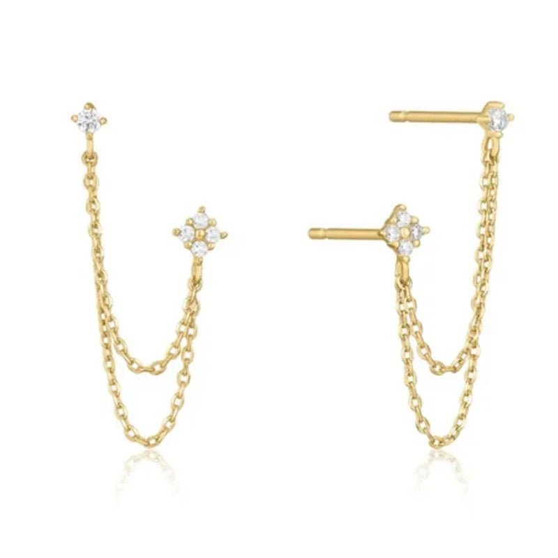 Double Ear Piercing Diamond Stud Earrings Chain Earrings for Women Wedding Party Fashion Temperament Jewelry Gift