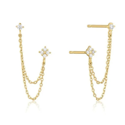 Double Ear Piercing Diamond Stud Earrings Chain Earrings for Women Wedding Party Fashion Temperament Jewelry Gift