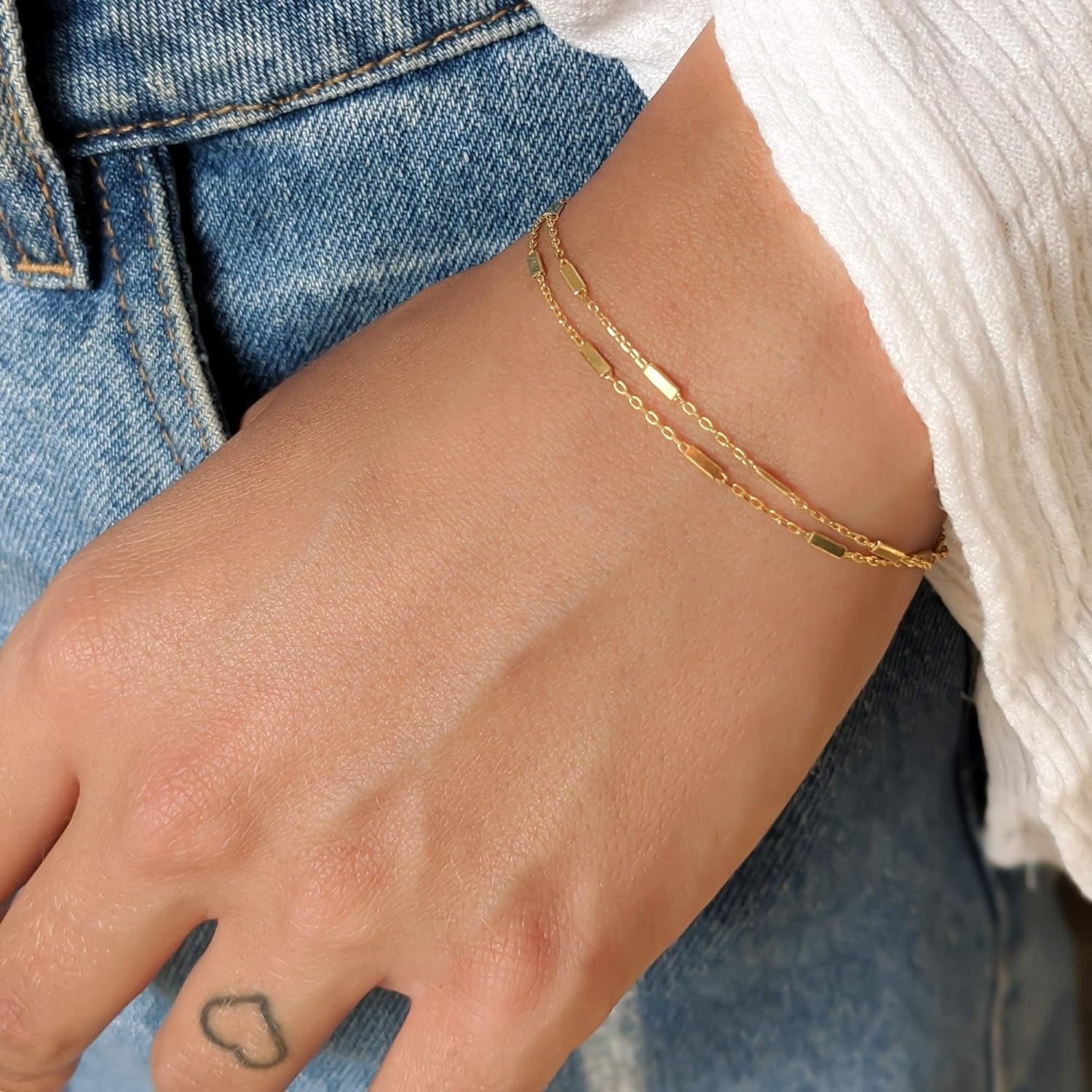 Double - Stranded Gold Bracelet, Length 6.5 - 7.5 Inches, Thin Satellite Chain Layer Bracelets for Women, Tarnish - Resistant, Minimalist Arm Jewelry, Handmade Gift for Her (Tubes Chain) - WORLD TIME VISITS