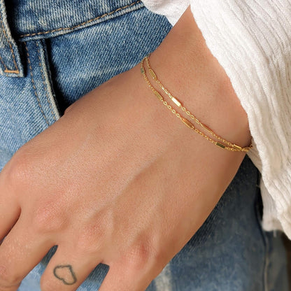 Double - Stranded Gold Bracelet, Length 6.5 - 7.5 Inches, Thin Satellite Chain Layer Bracelets for Women, Tarnish - Resistant, Minimalist Arm Jewelry, Handmade Gift for Her (Tubes Chain) - WORLD TIME VISITS