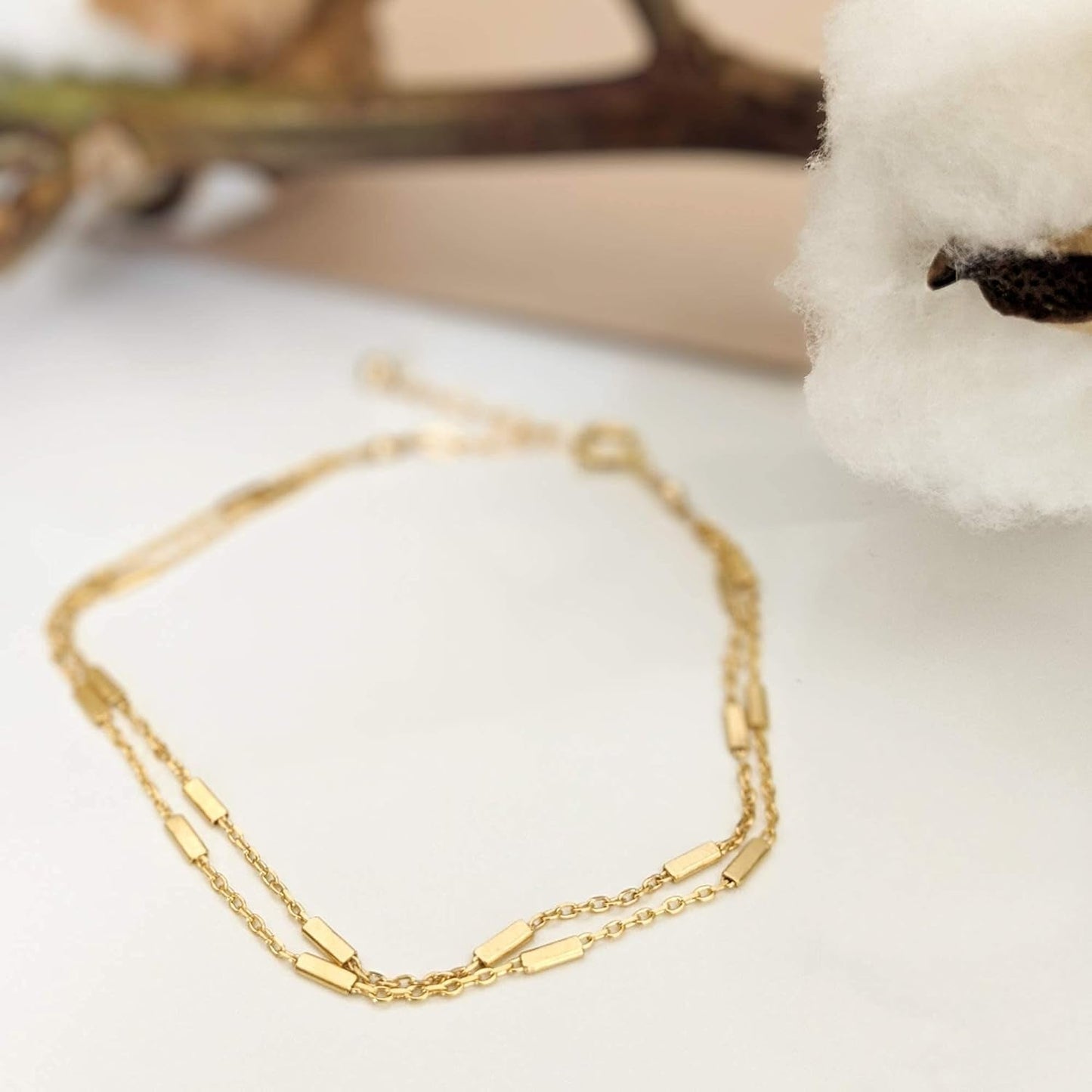 Double-Stranded Gold Bracelet, Length 6.5-7.5 Inches, Thin Satellite Chain Layer Bracelets for Women, Tarnish-Resistant, Minimalist Arm Jewelry, Handmade Gift for Her (Tubes Chain)