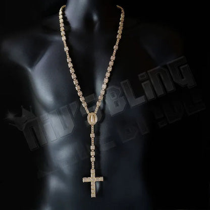 Men's 14k Gold CZ Iced Simulated Diamonds ROSARY SQUARE Jesus Cross Pendant 30" Chain Necklace