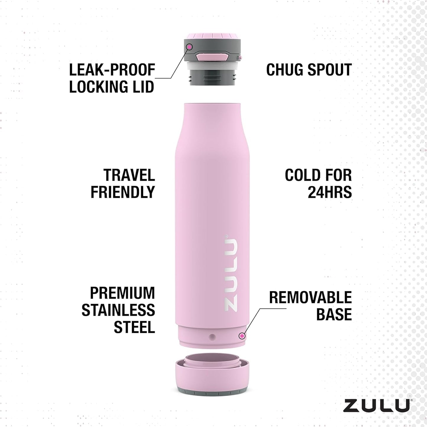Ace Vacuum Insulated Stainless Steel Water Bottle with Chug Spout, Leak-Proof Locking Lid and Removable Base for School, Backpack, Sports, Gym, Travel