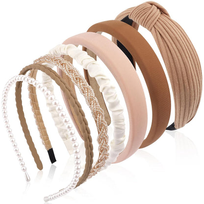 7 Pcs Different Headbands for Women Fashion Brown Knotted Solid Head Bands Pearl Headband Non Slip Hair Band for Womens Thin Thick Short Hair Face Wash Hair Accessories Gifts for Women Gilrs