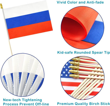 Russia Small Flag Russian Stick Mini Hand Held Flags - Solid Wooden Pole with Spear Top, 12 Pack