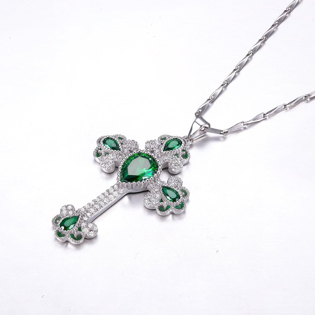 925 Sterling Silver Created Emerald Cross Pendant Necklace for Women Religious Jewelry Rhinestone Holy Irish Charm CZ Halo Christian Faith Keepsake