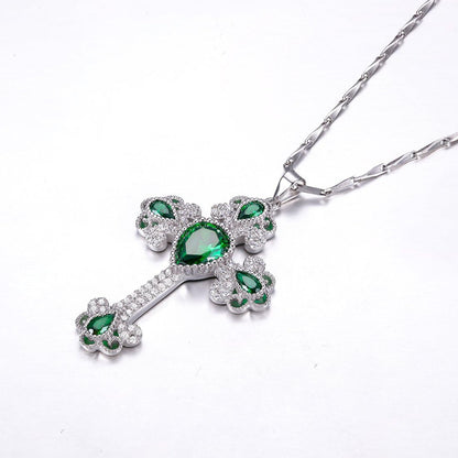 925 Sterling Silver Created Emerald Cross Pendant Necklace for Women Religious Jewelry Rhinestone Holy Irish Charm CZ Halo Christian Faith Keepsake