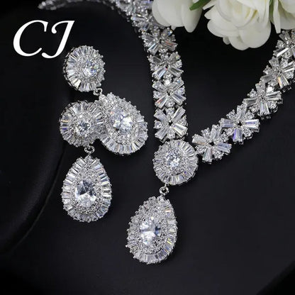 CANDICE Twinkling CZ Stone Setting Luxury Water Drop Pendant Necklace and Earrings Elegant White Gold Plating Jewelry Wedding Set Bridal Accessories for Bride