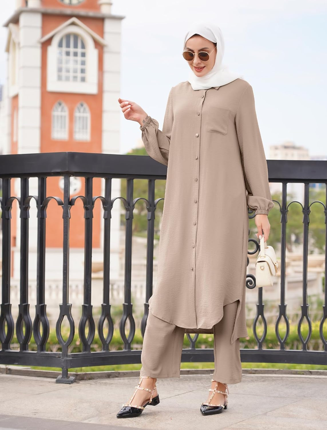 Women'S Muslim 2 Pieces Sets Long Sleeve Button down Shirt and Pants Abaya Casual Dress Dubai Outfits