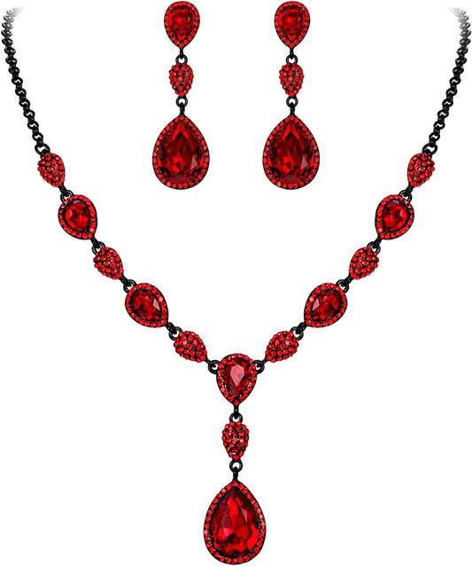 Women'S Cubic Zirconia Teardrop Y-Necklaces Dangle Earrings Jewelry Sets for Brides Bridesmaids