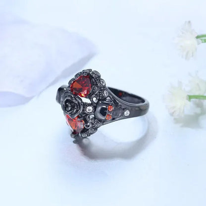 New Hip Hop Accessories Black Rose Skull Ring Female Fashion Personality Heart Red Zircon Skull Ring Creative Fashion Jewelry Punk Ring