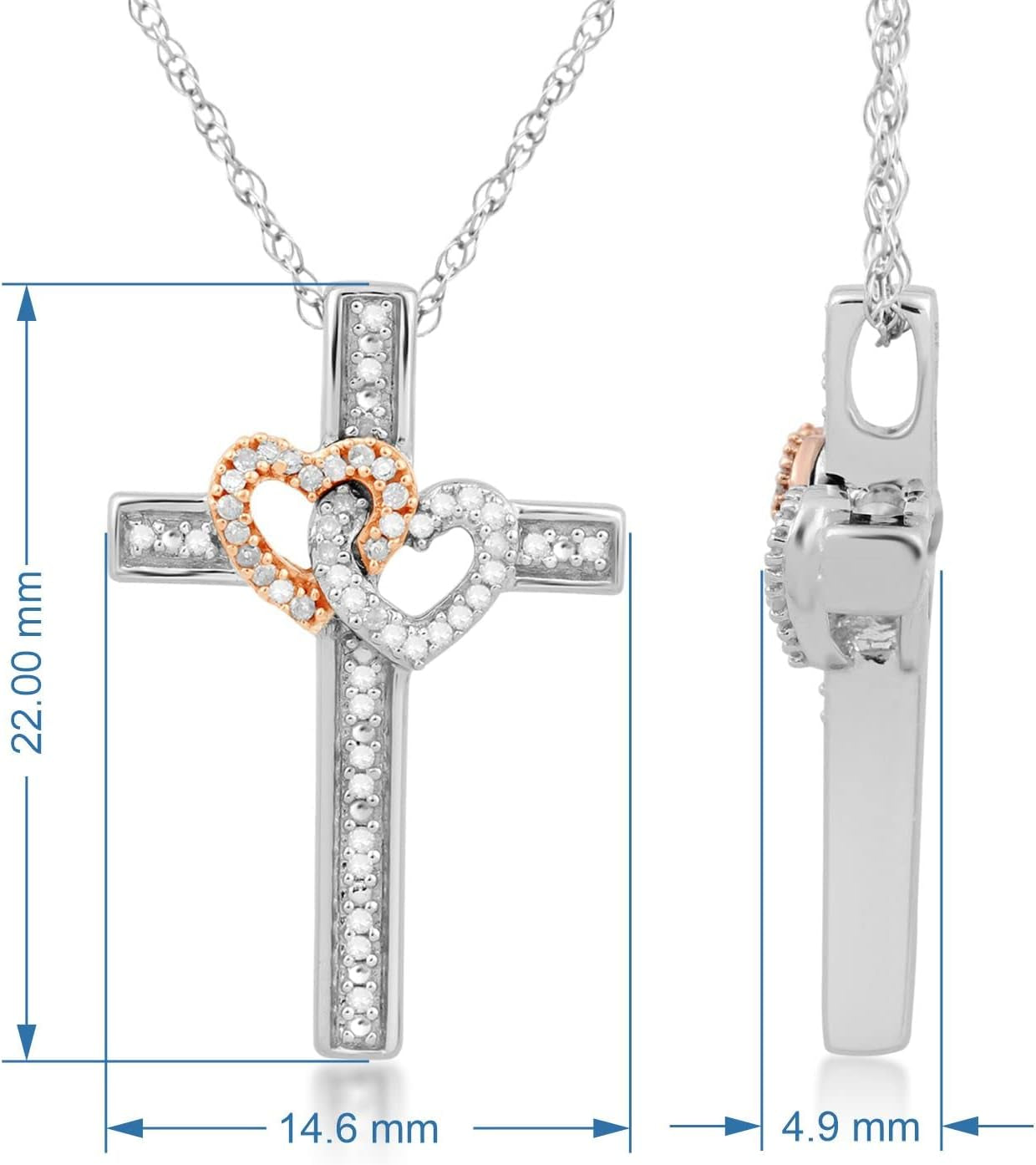 Sterling Silver and 10K Rose Gold 1/10 Cttw Natural White round Diamond Double Heart Cross Pendant Necklace, 18" Rope Chain