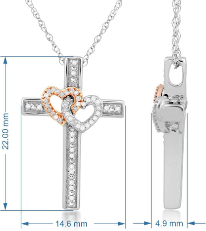 Sterling Silver and 10K Rose Gold 1/10 Cttw Natural White round Diamond Double Heart Cross Pendant Necklace, 18" Rope Chain