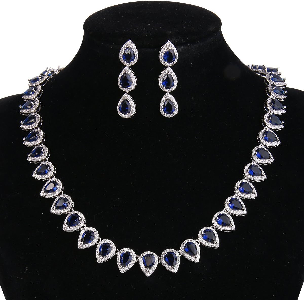 Women'S Silver-Tone Full Prong Cubic Zirconia Teardrop Bridal Necklace Earrings Set