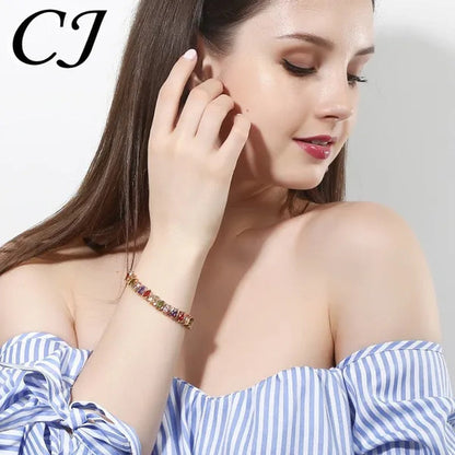 CANDICE Indian Design Real Gold Plated Multicolor Zircon Stones Tennis Bracelets For Dance Party Accessories