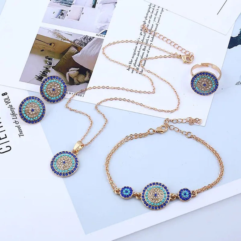 4 Pieces Set Round Turkish Blue Evil Eye Necklace Earring Bracelet Ring Fashion Rhinestone Eye Necklace Bracelet Ring Earrings Set for Women Jewelry