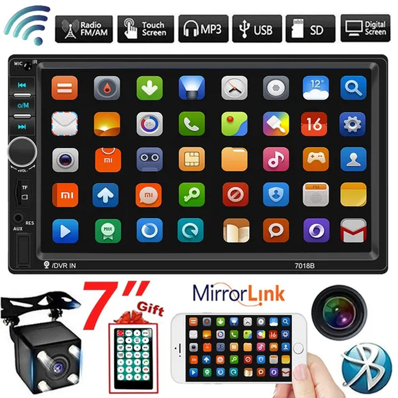 7"Touch Screen 2Din Car Multimedia Player Audio Stereo Support Bluetooth Mirror Link Rear View Camera Built-In Car DVR System with Optional Camera