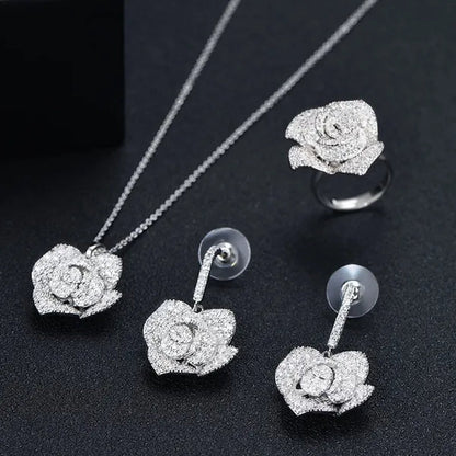 CANDICE Exquisite Banquet Party Jewelry Set for Women White Gold Plated Micro Inlaid AAA CZ Rose Flower Drop Necklace Silver Plated Earrings with Adjustable Ring